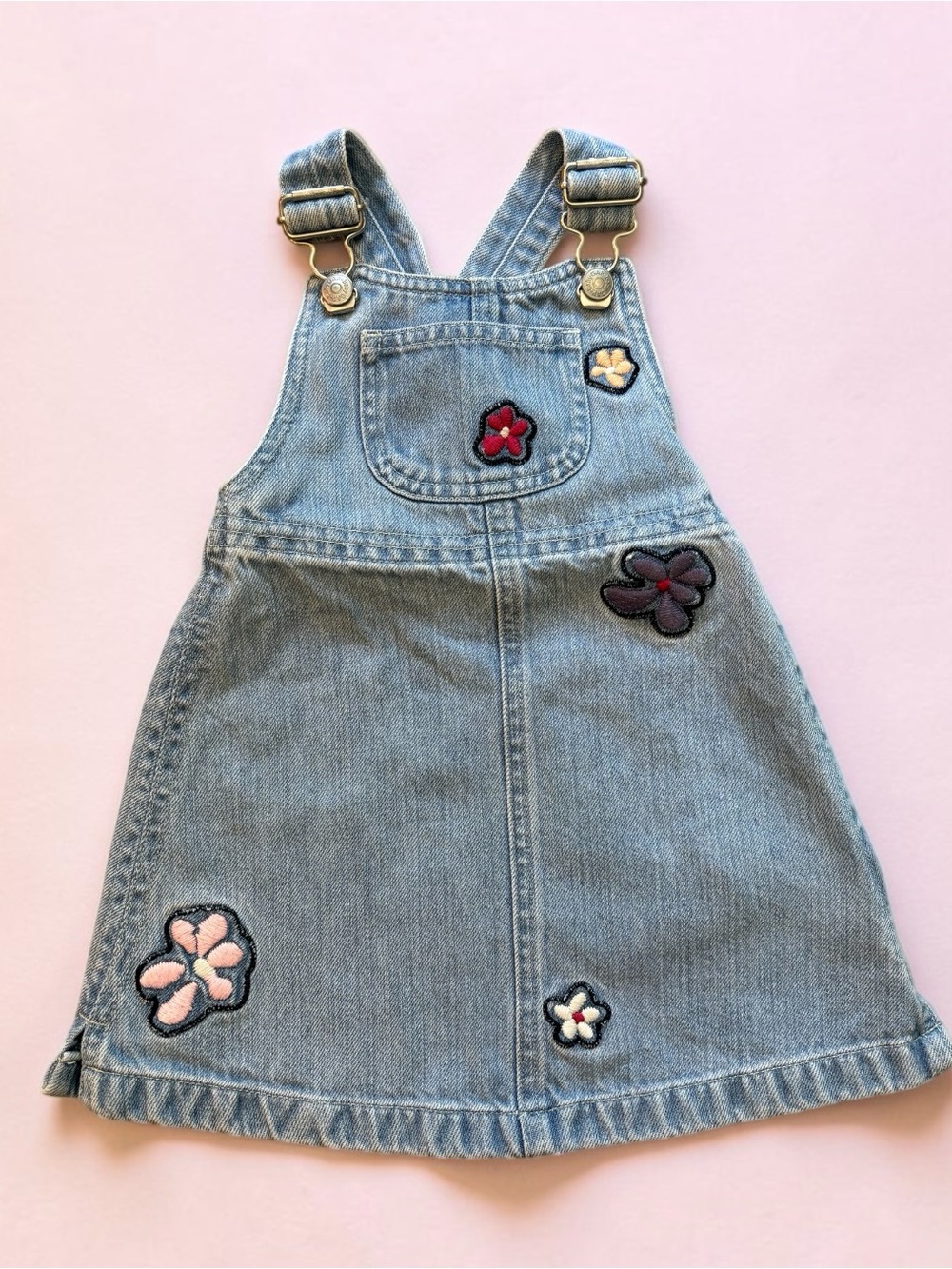 Baby Gap Vintage Y2K Embroidered Floral Denim Overall Dress 12-18 Months EUC